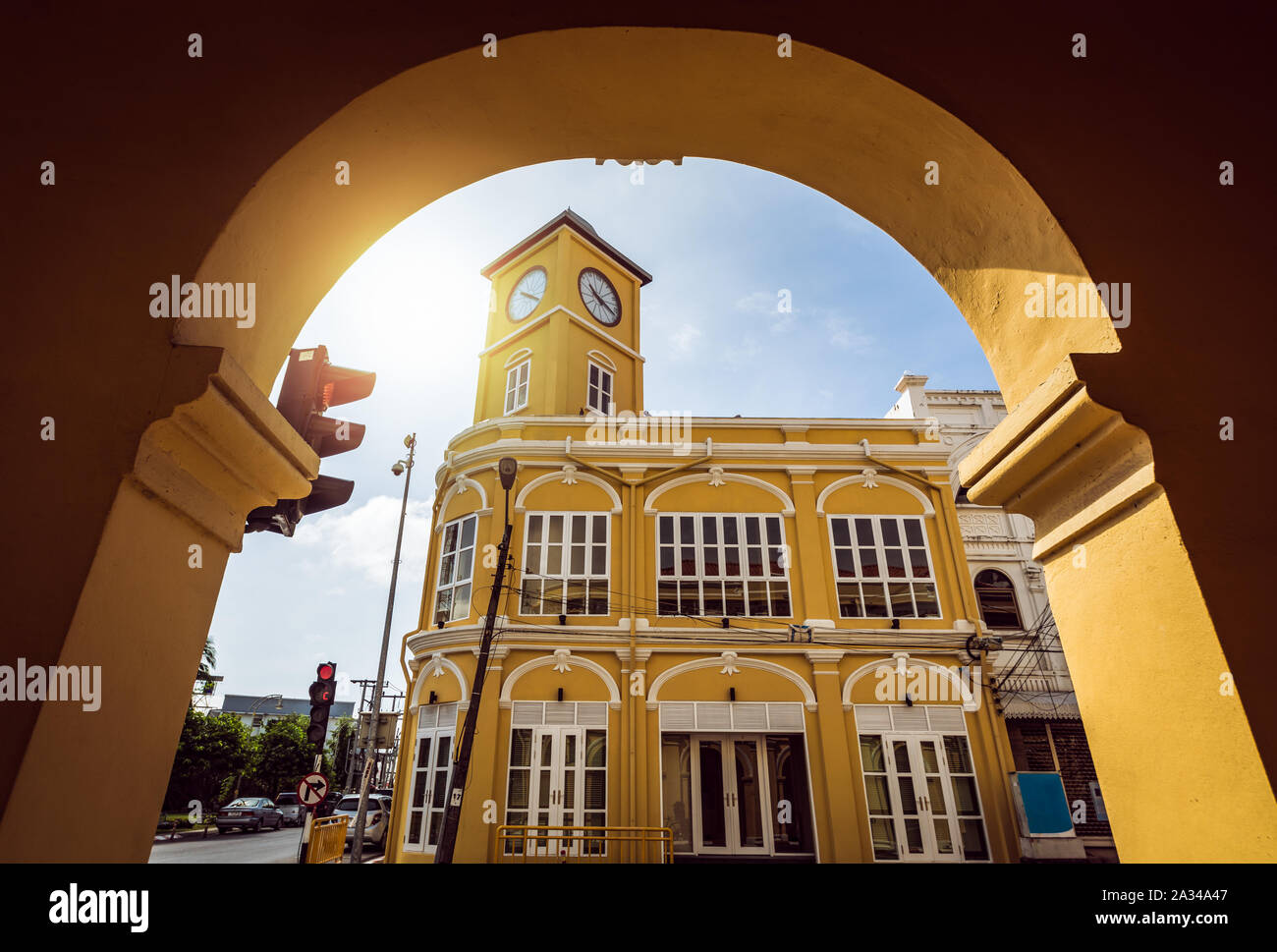Restored chino-Portuguese clock tower in phuket old town, Thailand Stock Photo