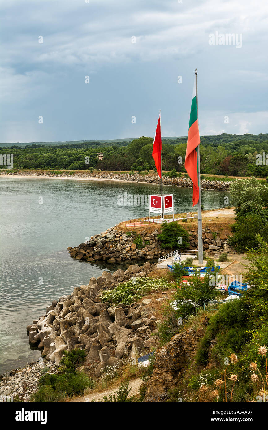 Turkish and Bulgarian flag on the border of Bulgaria and Europe in Rezovo Stock Photo