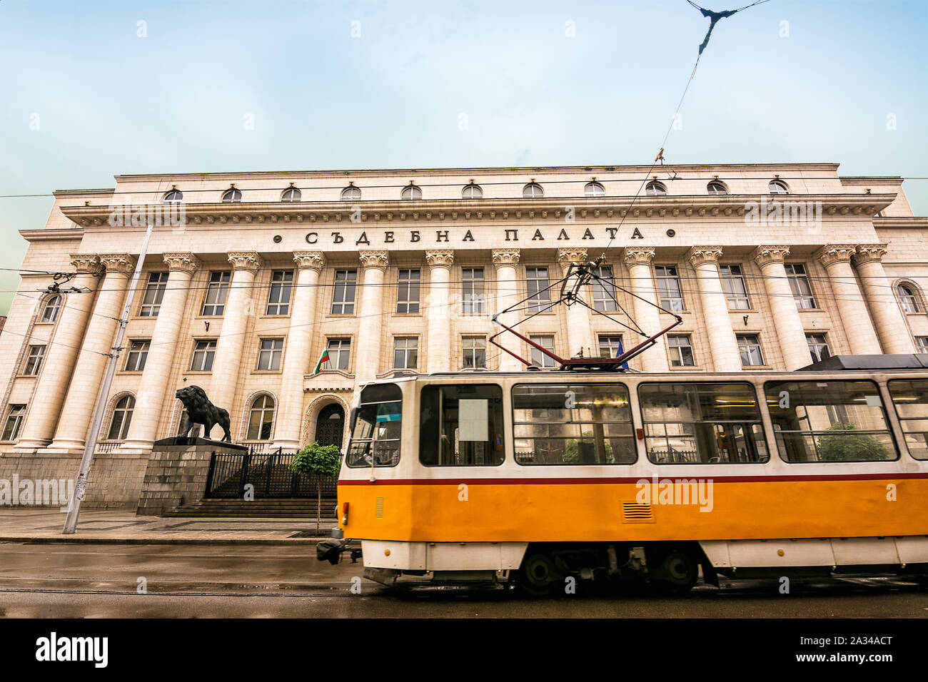 Tram passes in front of the Court House building a Sofia, Bulgaria Stock Photo