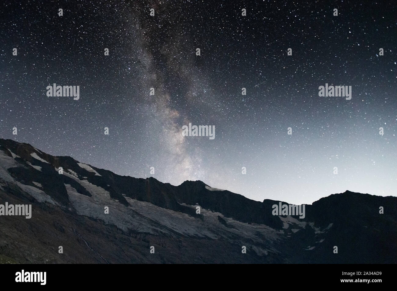 Milky Way and starry sky. Night landscape. Krimmler Kees glacier. High Krimmler Achen valley. Hohe Tauern Nationalpark. Austrian Alps. Europe. Stock Photo