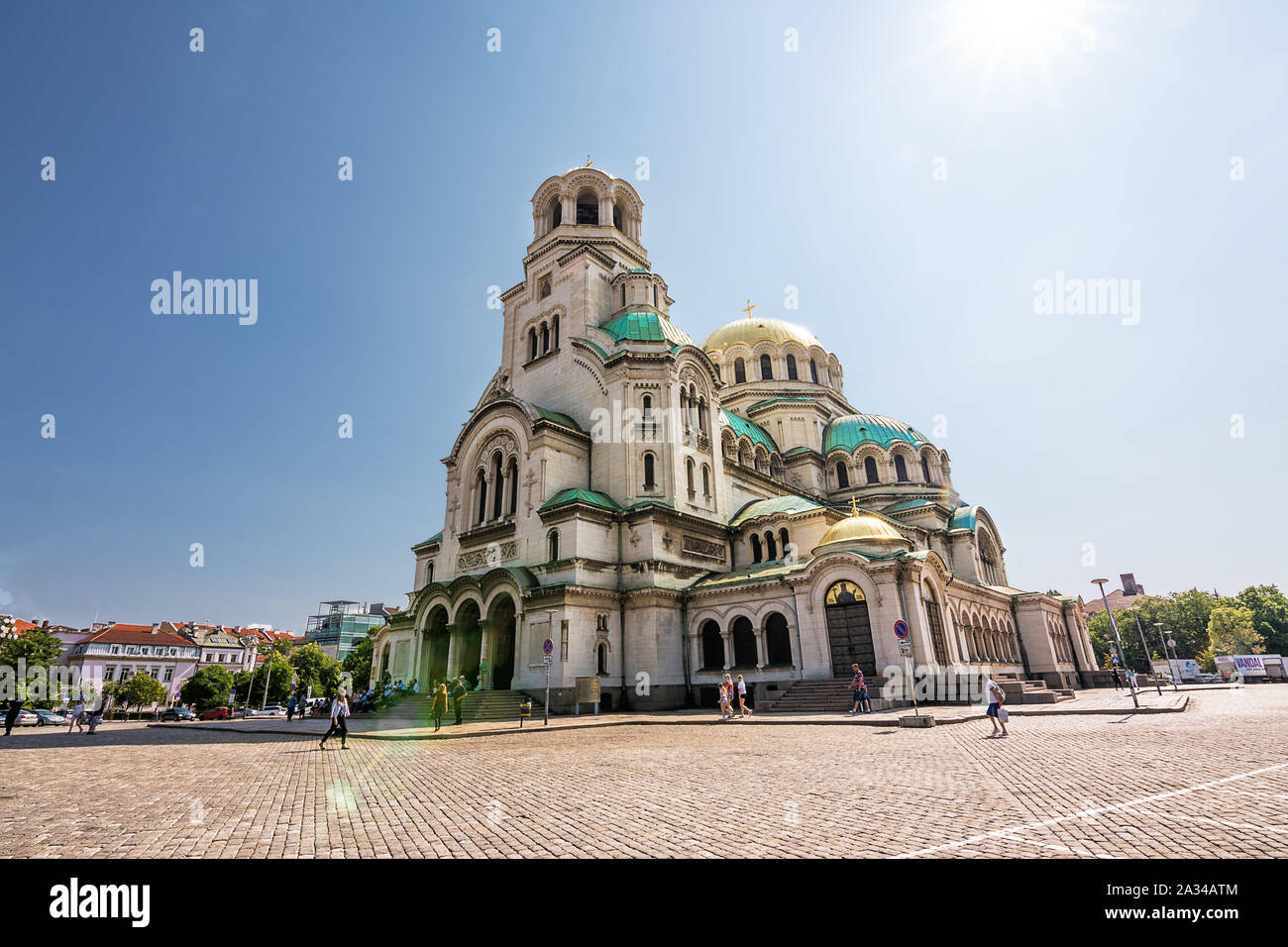 Sofia, Bulgaria - June 25, 2019: St. Alexander Nevski Cathedral with tourists and worshipers in the square in a sunny day Stock Photo