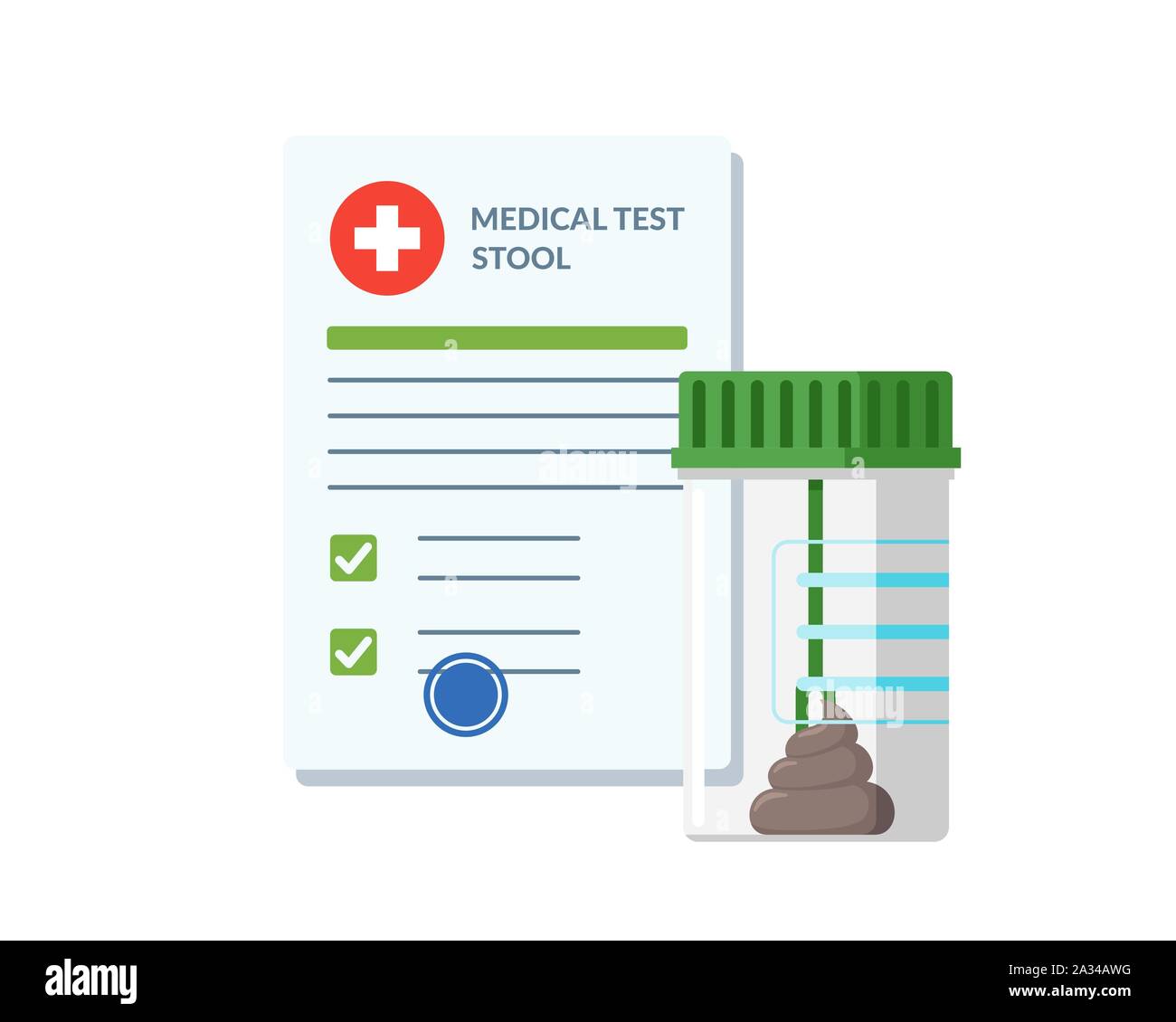 Plastic jar stool feces test analysis and medical lab blank form list with results data and approved check mark vector illustration. Clinical checklist document. Insurance medicine examination concept Stock Vector