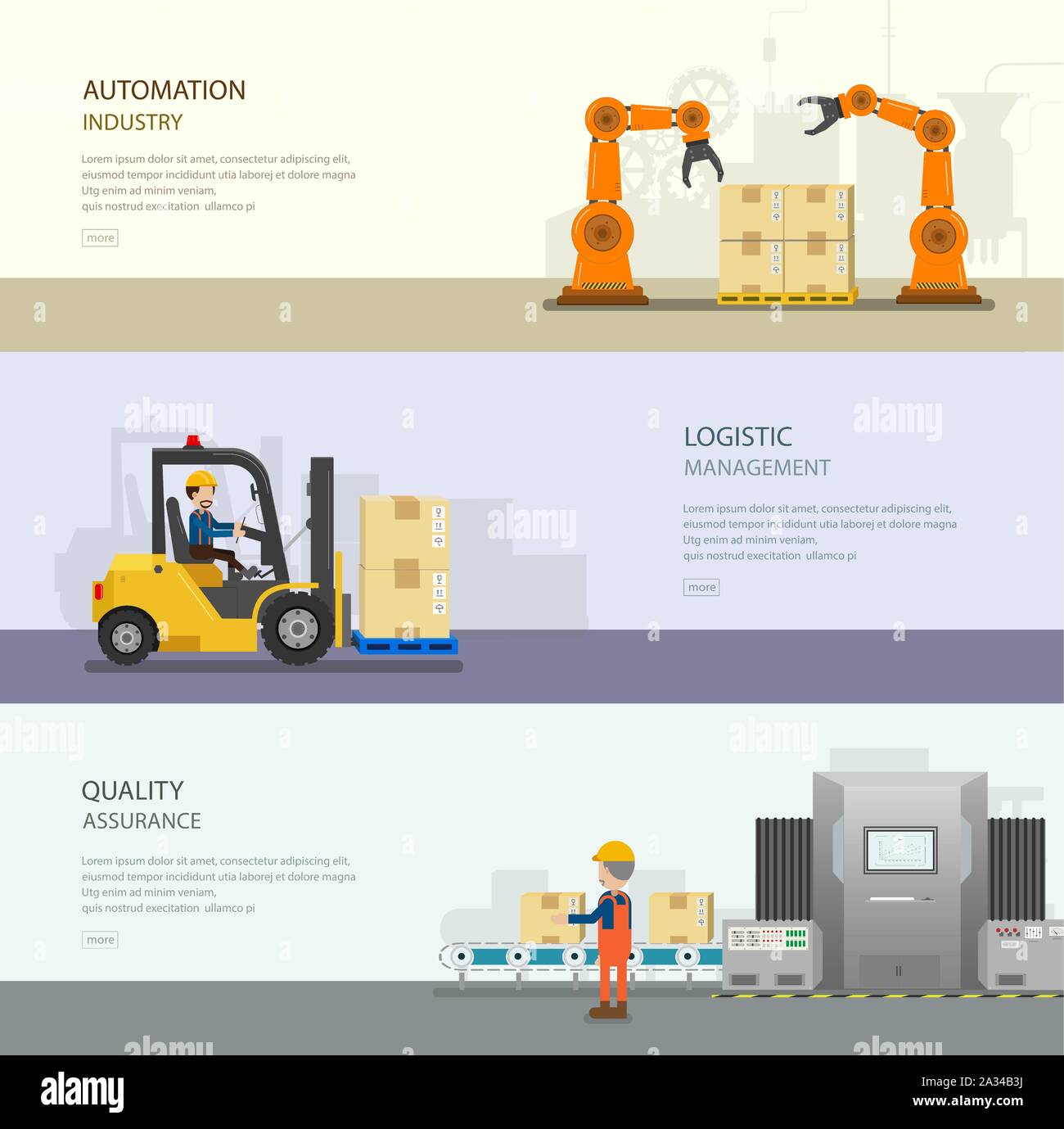 Set of warehoue banners with worker in process vector illustration Stock Vector