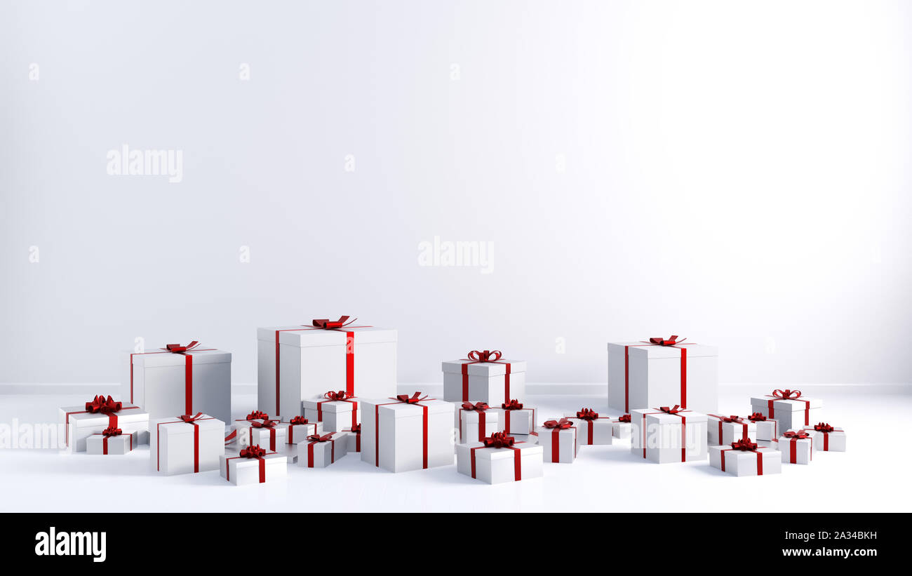 Red Ribbon White Gift Boxes Copy Space on White Wall Stock Photo - Alamy