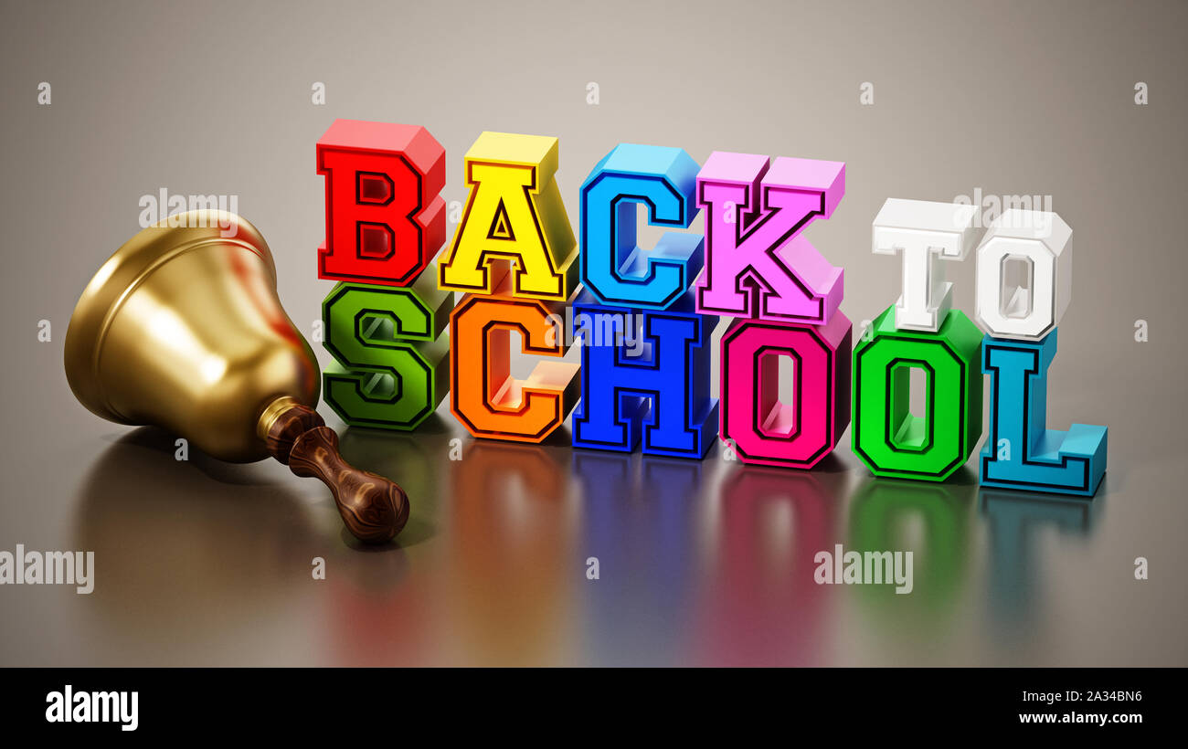 Back to school text and school bell on reflective surface. 3D illustration. Stock Photo