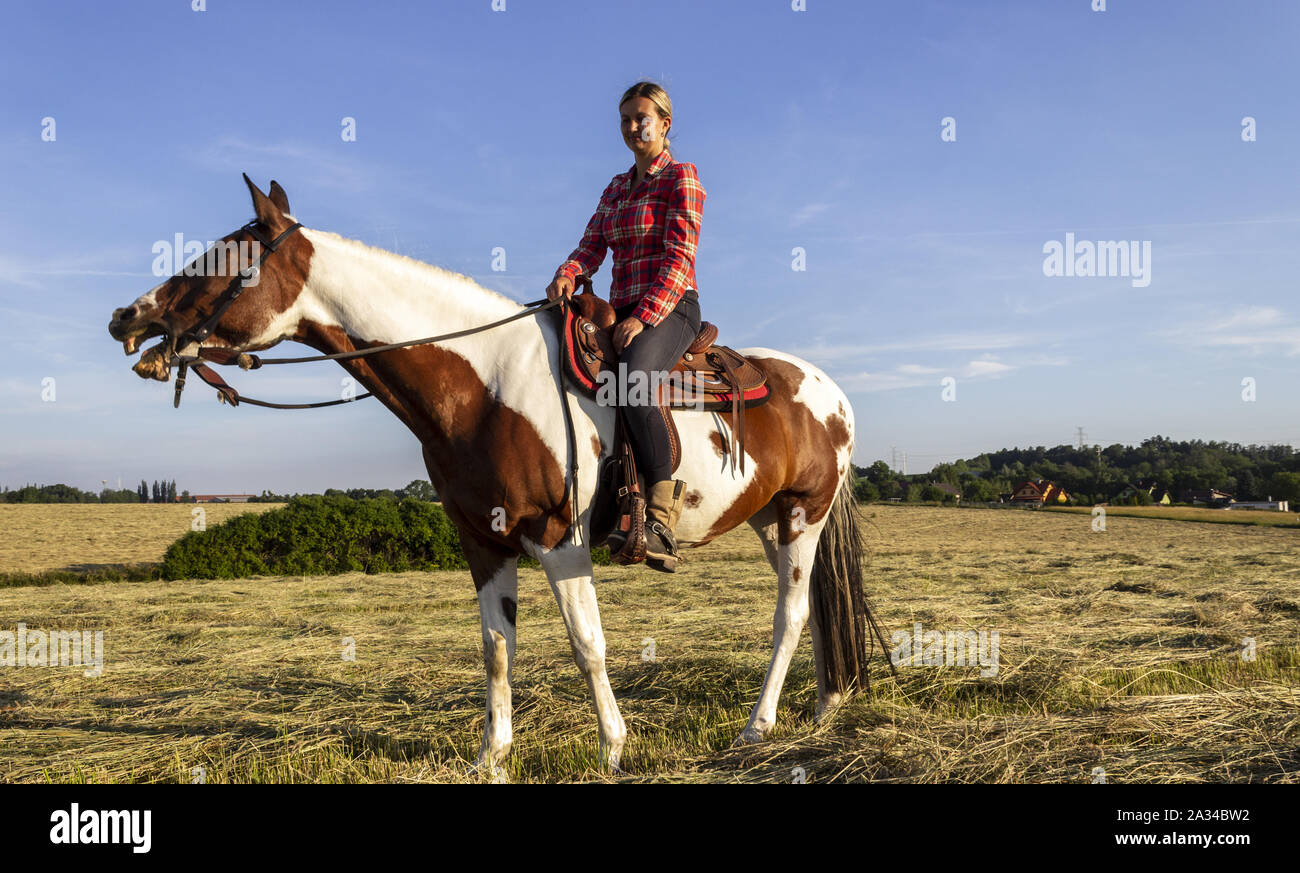 A young girl rides a horse on a pasture near a ranch and laughing horse ...