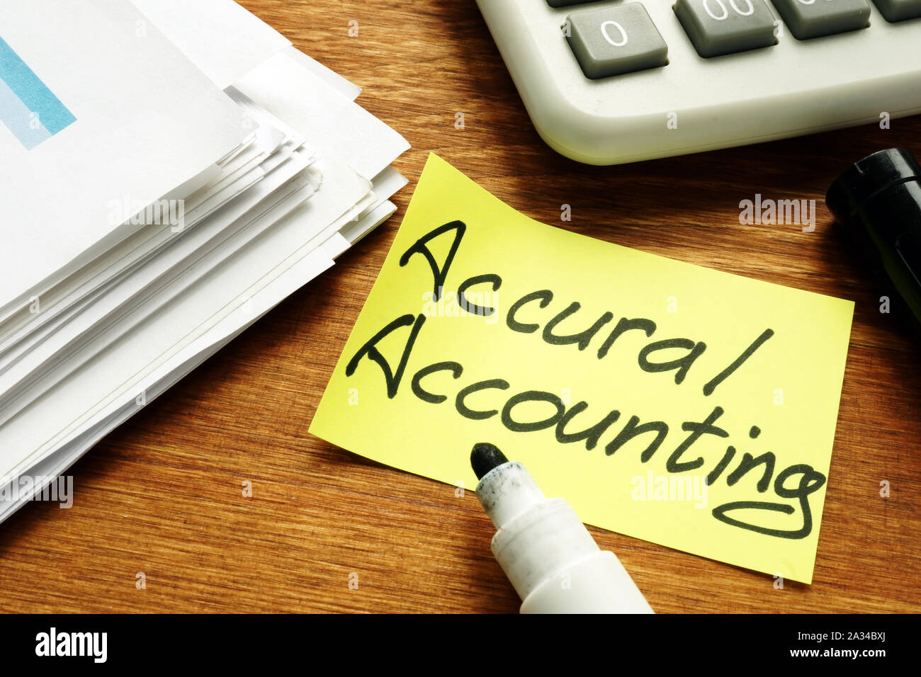 Accrual Accounting concept. Business report and calculator. Stock Photo