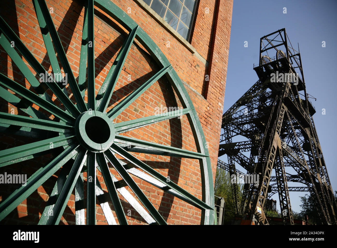 Pithead winding gear at the Lancashire Mining Museum, Astley Green Colliery, near Tyldesley, UK. Stock Photo