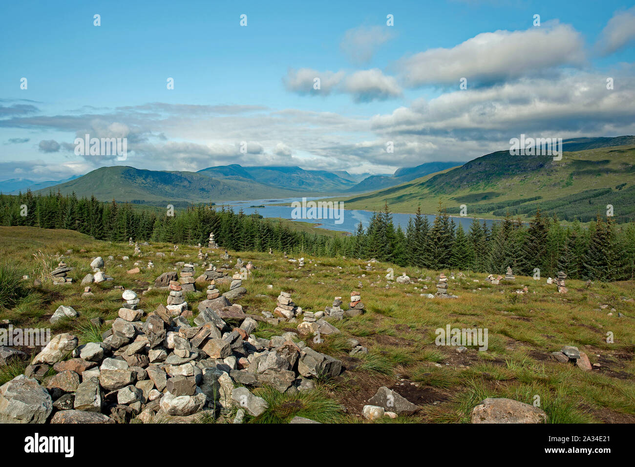 Field of Stone Cairns - Loch Loyne, Scotland Stock Photo