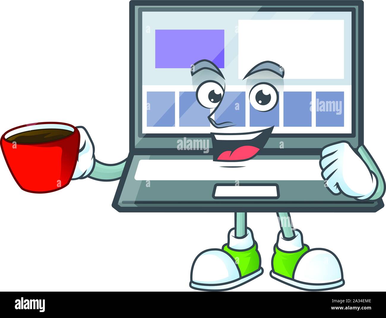 Drinking in cup technology laptop with character mascot shape Stock Vector