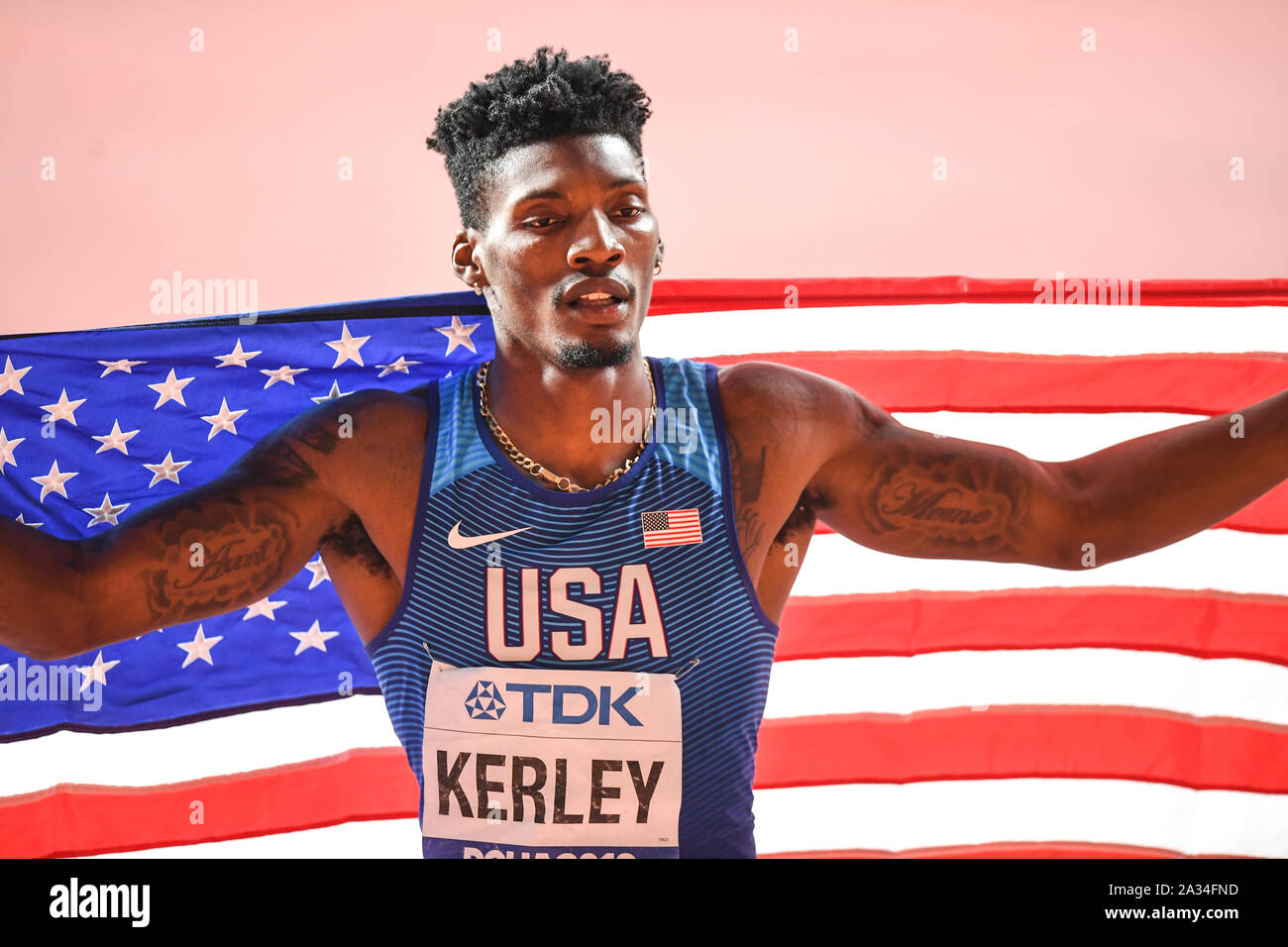 Fred Kerley (USA). 400 metres Bronze Medal. IAAF World Athletics Championships, Doha 2019 Stock Photo