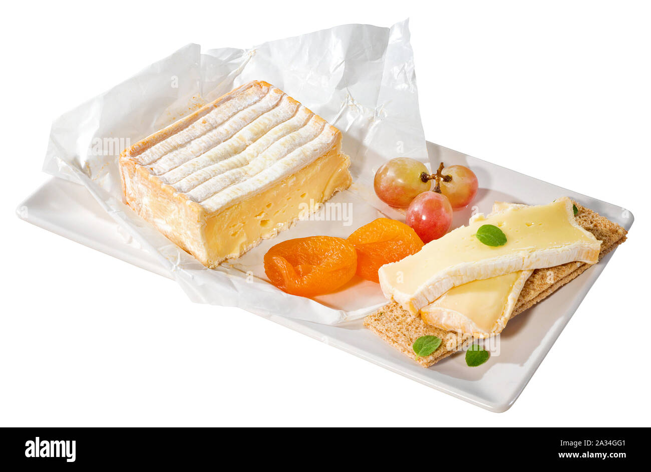 Camembert cheese on serving tray Stock Photo