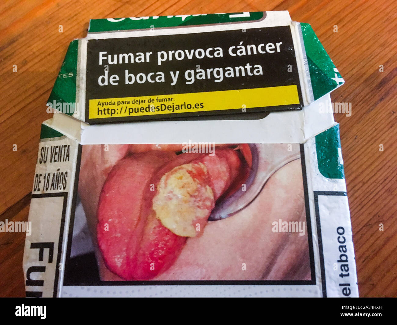 Healthcare warning written on a Spanish cigarettes pack Stock Photo Alamy