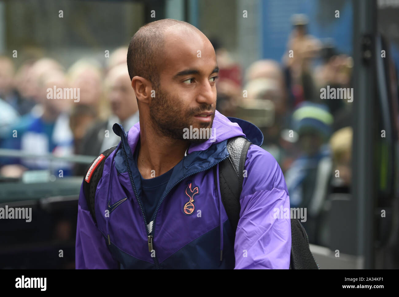 Brighton UK 5th October -  Lucas Moura of Spurs arrives for the Premier League match between  Brighton and Hove Albion and Tottenham Hotspur at the Amex Stadium - Editorial use only. No merchandising. For Football images FA and Premier League restrictions apply inc. no internet/mobile usage without FAPL license - for details contact Football Dataco  : Credit Simon Dack TPI / Alamy Live News Stock Photo