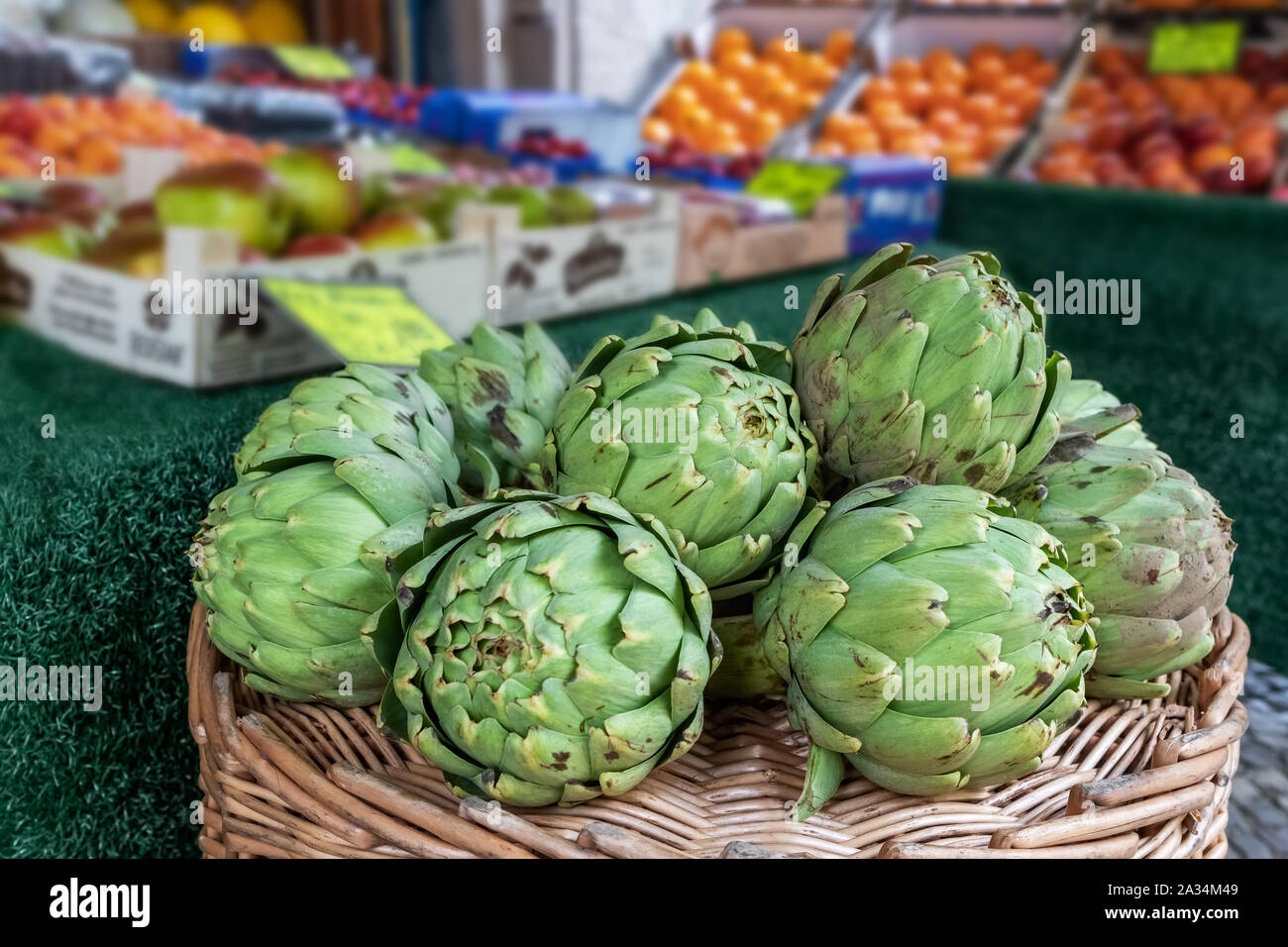Close up view of green artichokes with selective focus Stock Photo