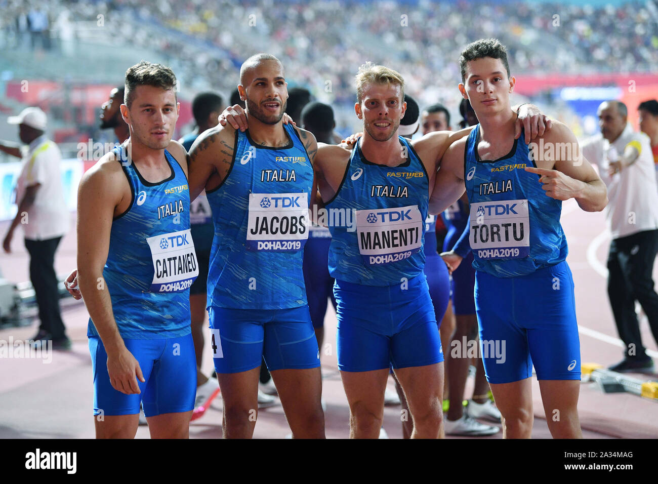 Doha, Qatar. 4th October 2019. Federico Cattaneo, Lamont Marcell Jacobs,  Davide Manenti, Filippo Tortu (ITA), OCTOBER 4, 2019 - Athletics : IAAF  World Championships Doha 2019 Men's 4 00m Relay Heat at