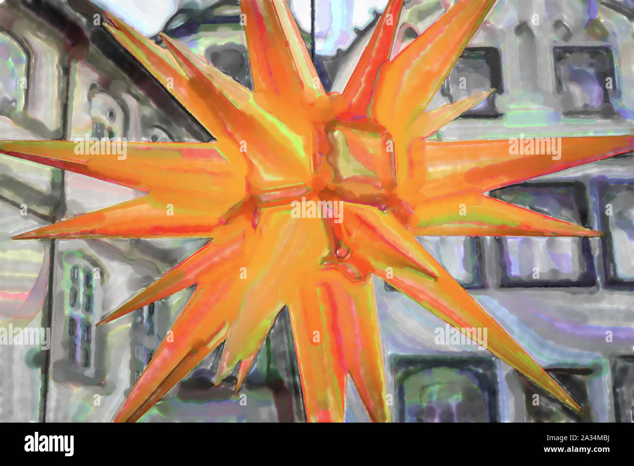 watercolor illustration: Luminous yellow Christmas star, close-up view in front of a grey building facade Stock Photo