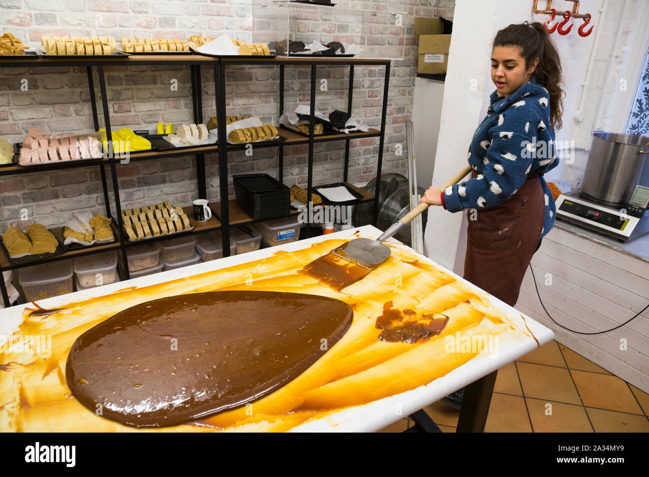 Making fudge / shop made / hand made fudge at The Fudge Patch shop in