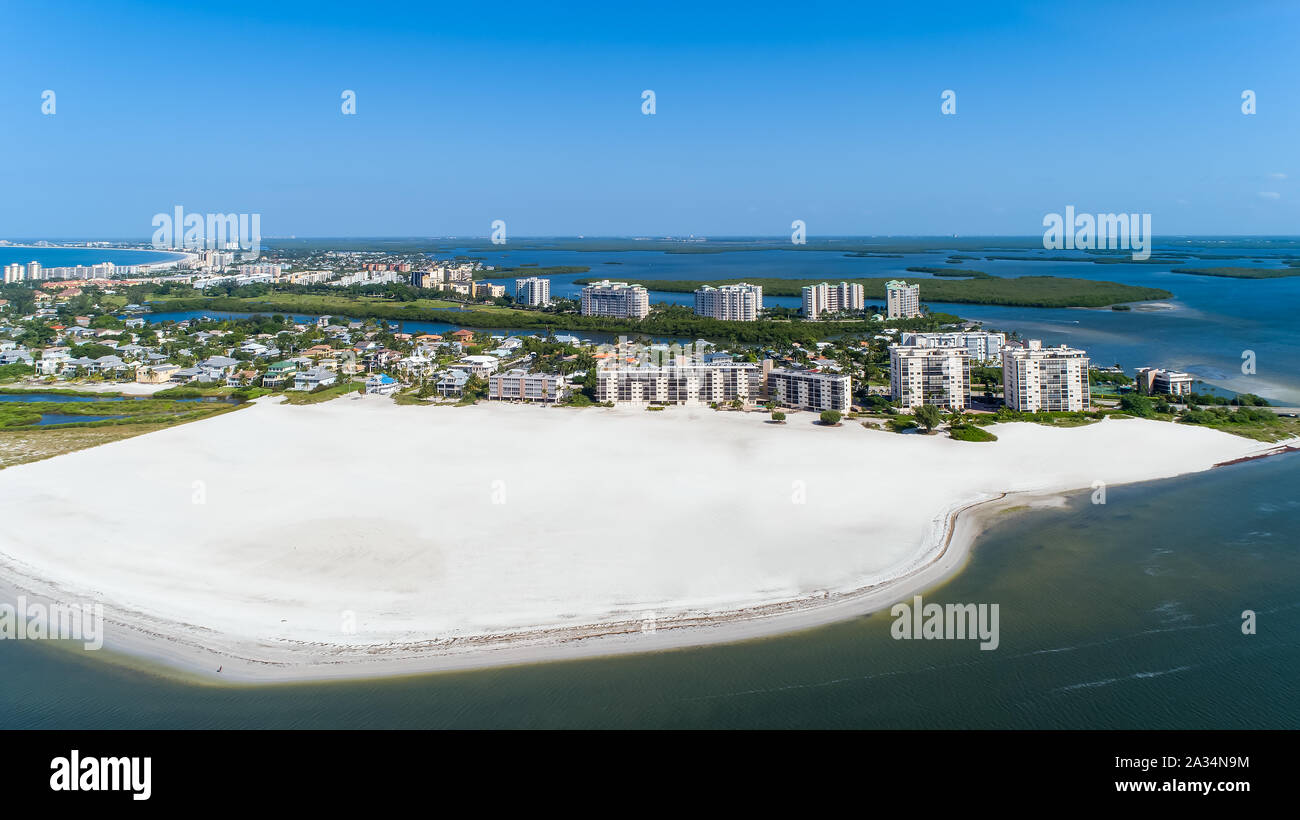 Fort Myers Beach Aerial View of Gulf of Mexico and resorts and condominiums near Naples and Bonita Springs Florida Stock Photo