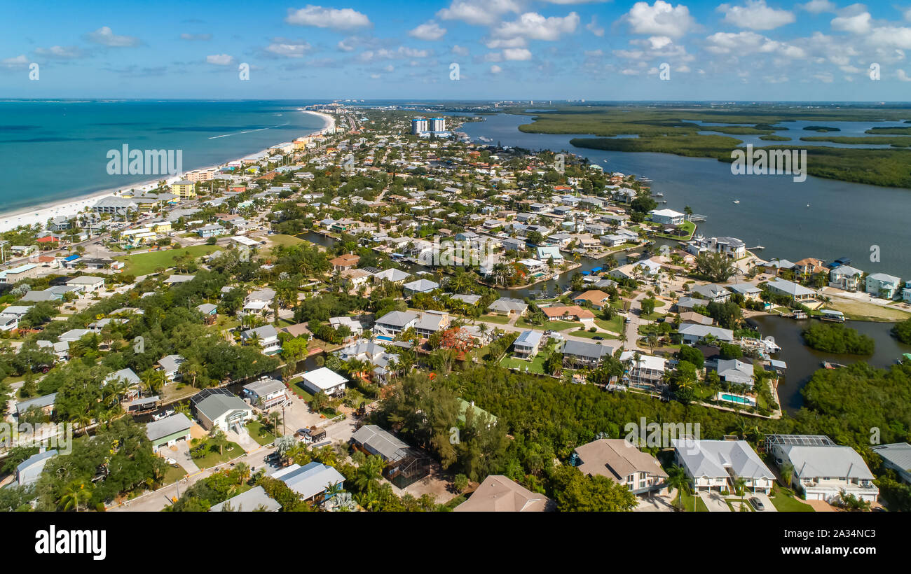 Fort Myers Beach Aerial View of Gulf of Mexico and resorts and condominiums near Naples and Bonita Springs Florida Stock Photo