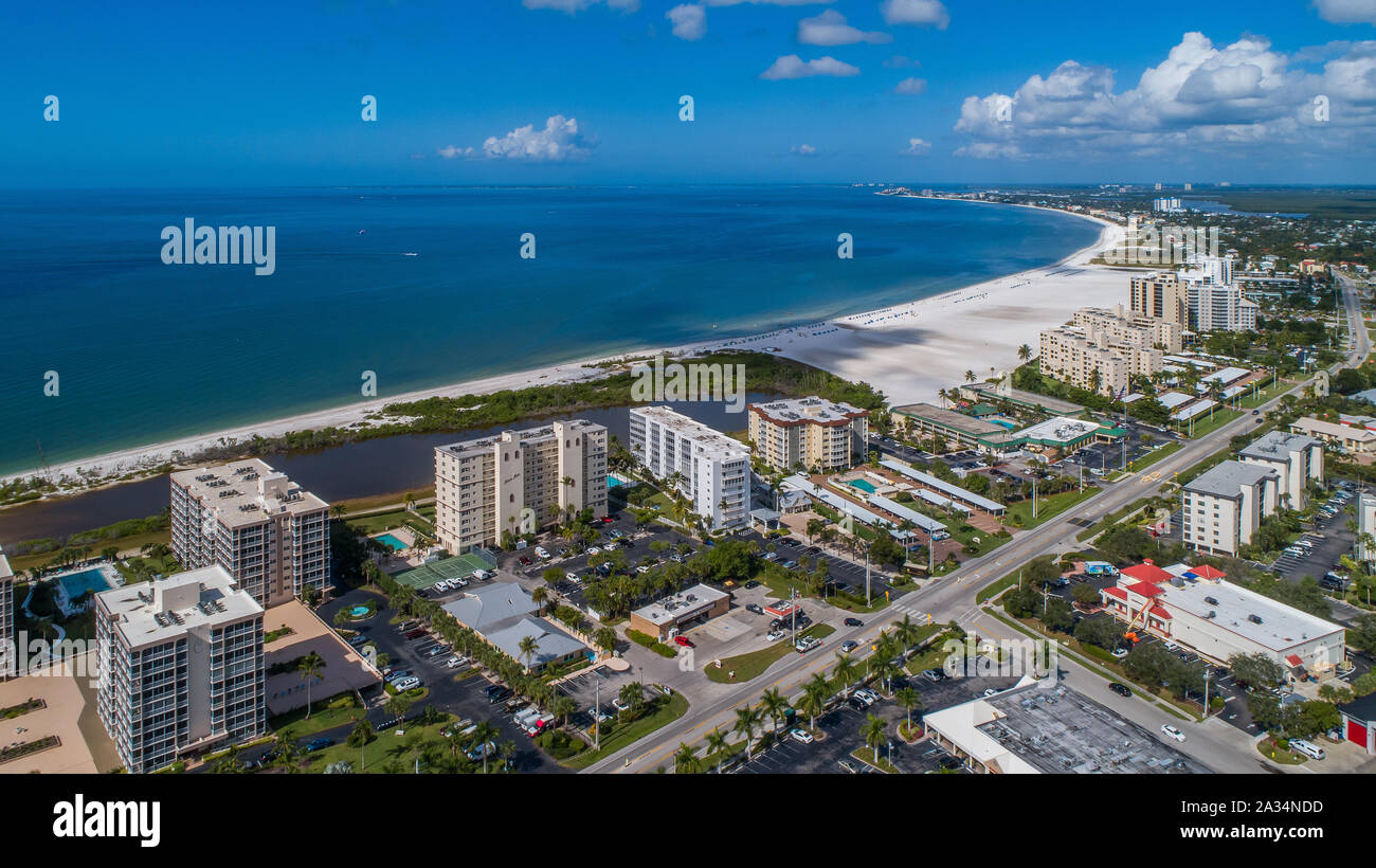 Fort Myers Beach Aerial View of Gulf of Mexico and resorts and condominiums near Naples and Bonita Springs Florida Stock Photo