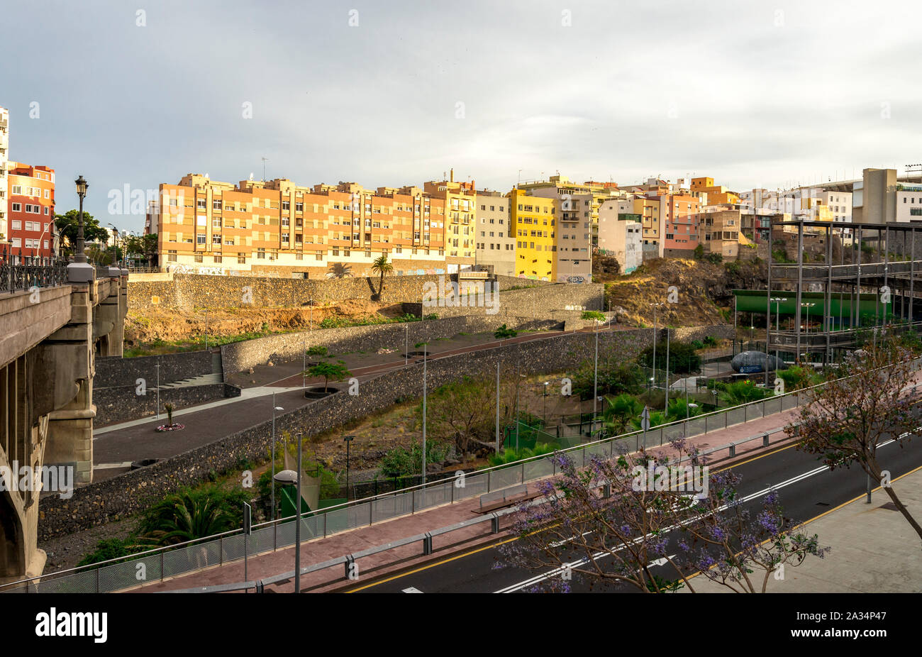 A view from the bridge across Barranco de Santos with dividing the city center of Santa Cruz de Tenerife, Canary Islands, Spain Stock Photo