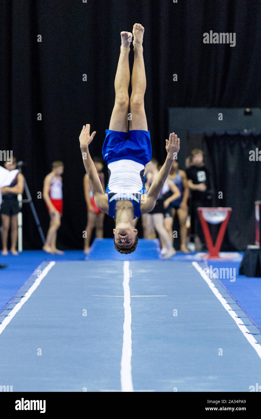Birmingham, England, UK. 28 September 2019. Alexander Flann (Pinewood Gymnastics Club) in action during the Trampoline, Tumbling and DMT British Championship Qualifiers at the Arena Birmingham, Birmingham, UK. Stock Photo