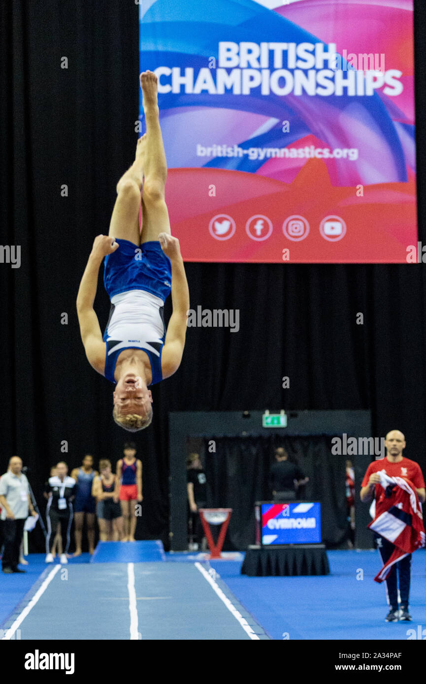 Birmingham, England, UK. 28 September 2019. William Cowen (Pinewood Gymnastics Club) in action during the Trampoline, Tumbling and DMT British Championship Qualifiers at the Arena Birmingham, Birmingham, UK. Stock Photo