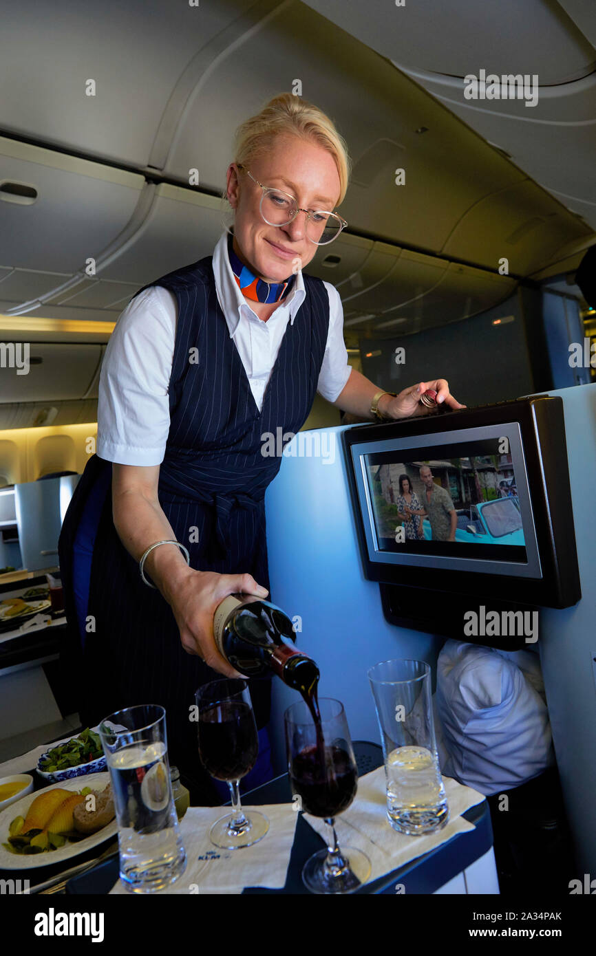 Netherlands Colombia stewardess offering wine in business class KLM Flight photo Jaco Klamer/Alamy Stock Photo