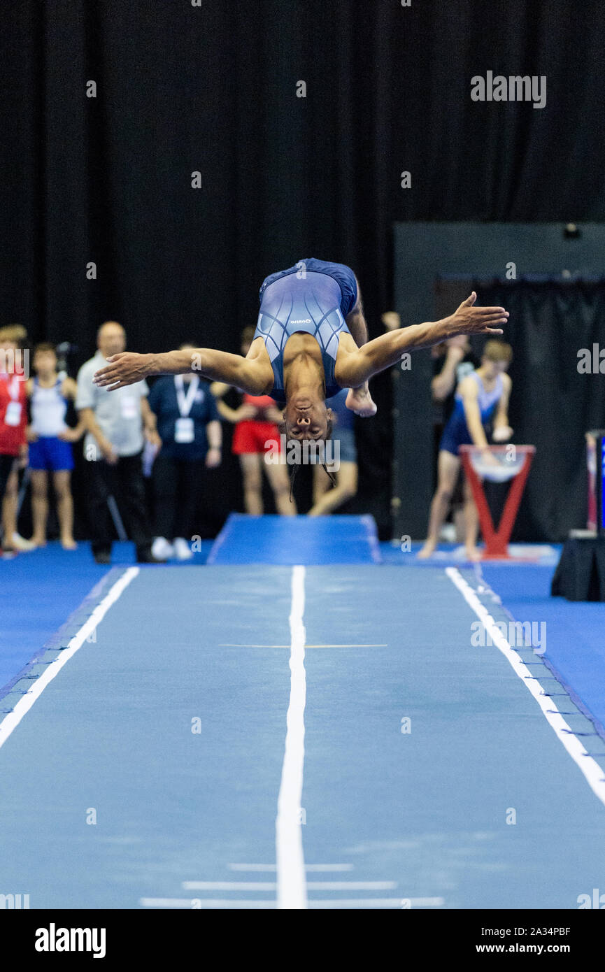 Birmingham, England, UK. 28 September 2019. Isaiah Aduhene (Derby City  Gymnastics Club) in action during the Trampoline, Tumbling and DMT British Championship Qualifiers at the Arena Birmingham, Birmingham, UK. Stock Photo