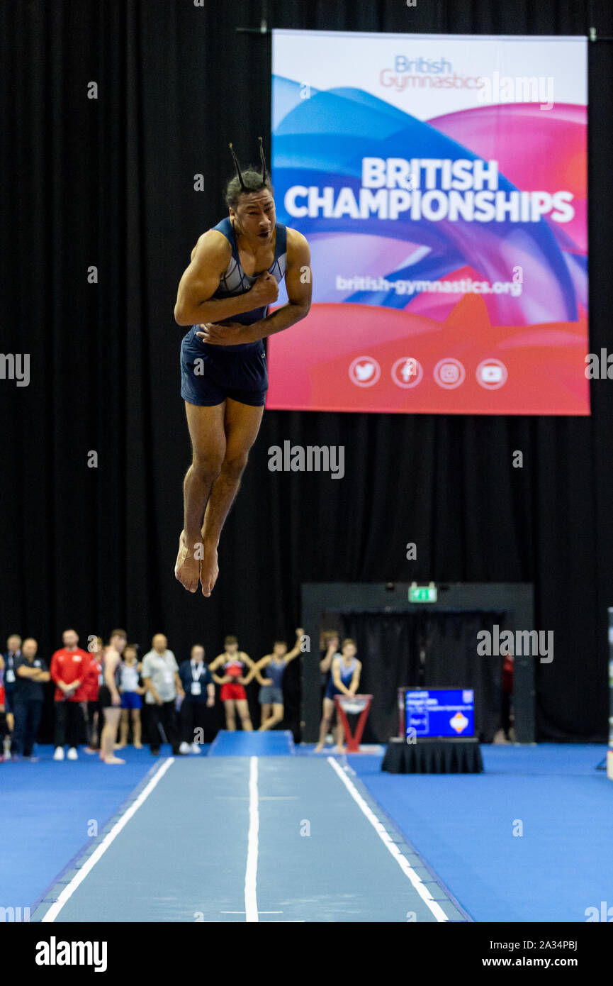 Birmingham, England, UK. 28 September 2019. Isaiah Aduhene (Derby City  Gymnastics Club) in action during the Trampoline, Tumbling and DMT British Championship Qualifiers at the Arena Birmingham, Birmingham, UK. Stock Photo
