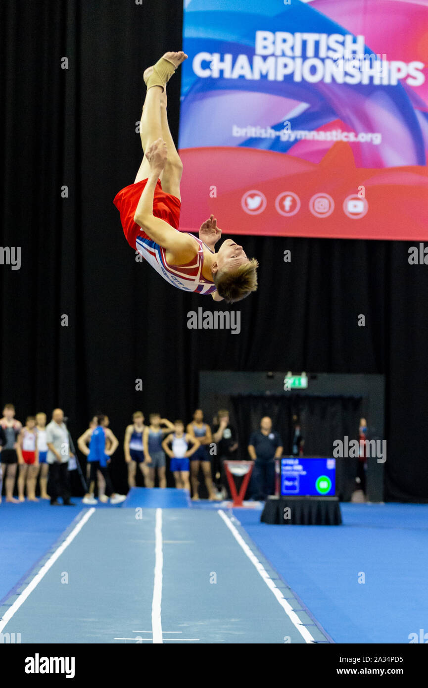 Birmingham, England, UK. 28 September 2019. Oliver Dean (City of Birmingham Gymnastics Club) in action during the Trampoline, Tumbling and DMT British Championship Qualifiers at the Arena Birmingham, Birmingham, UK. Stock Photo