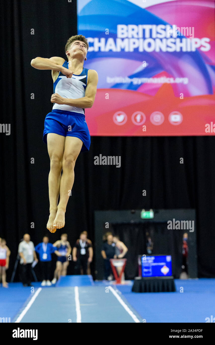 Birmingham, England, UK. 28 September 2019. Alexander Flann (Pinewood Gymnastics Club) in action during the Trampoline, Tumbling and DMT British Championship Qualifiers at the Arena Birmingham, Birmingham, UK. Stock Photo