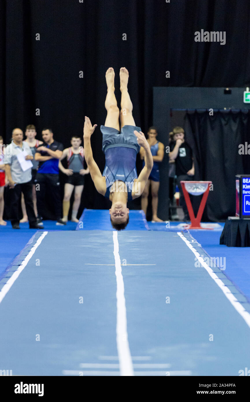 Birmingham, England, UK. 28 September 2019. Ziggy Turton (Derby City Gymnastics Club) in action during the Trampoline, Tumbling and DMT British Championship Qualifiers at the Arena Birmingham, Birmingham, UK. Stock Photo