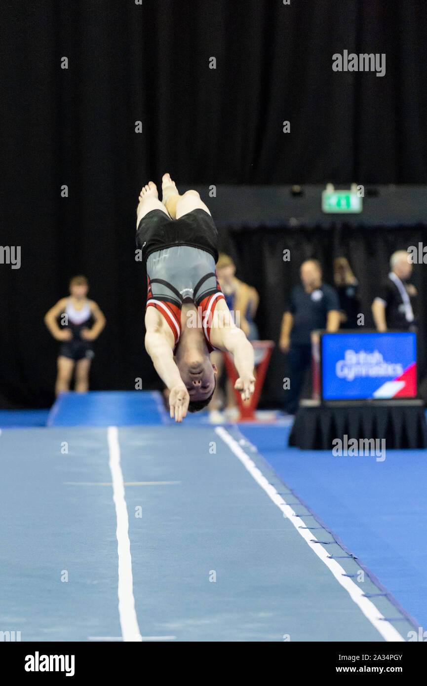Birmingham, England, UK. 28 September 2019. James Anderson (Durham City Gymnastics Club) in action during the Trampoline, Tumbling and DMT British Championship Qualifiers at the Arena Birmingham, Birmingham, UK. Stock Photo