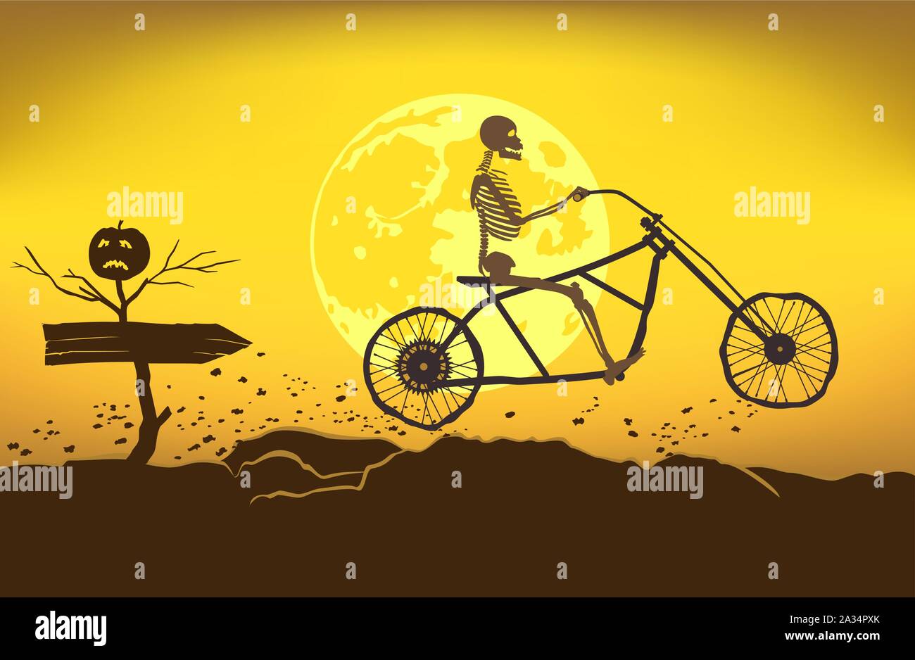 The skeleton rides a motorcycle frame on a bad road to the Halloween. Stock Vector