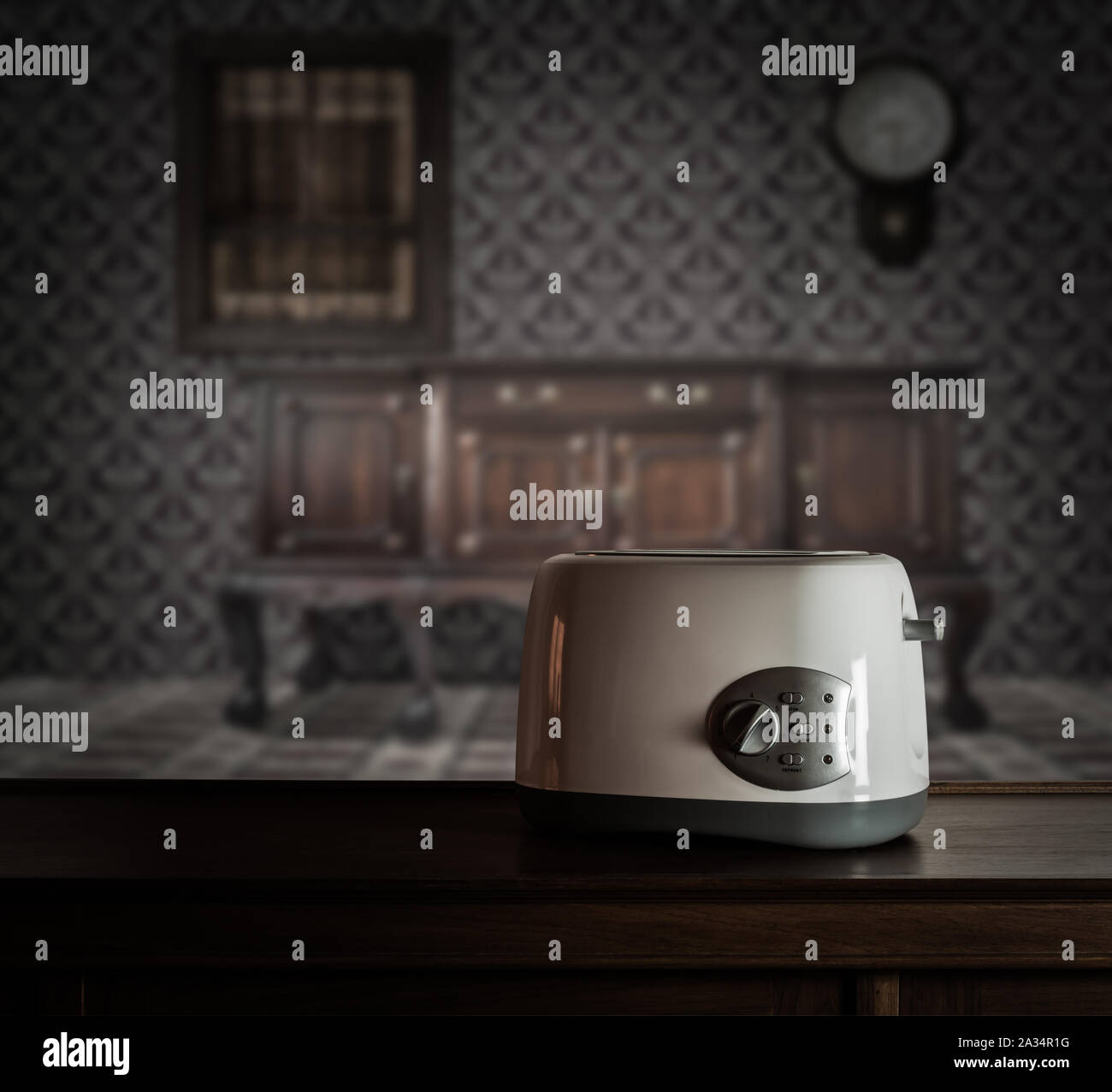 White toaster on wooden cupboard in vintage interior Stock Photo Alamy