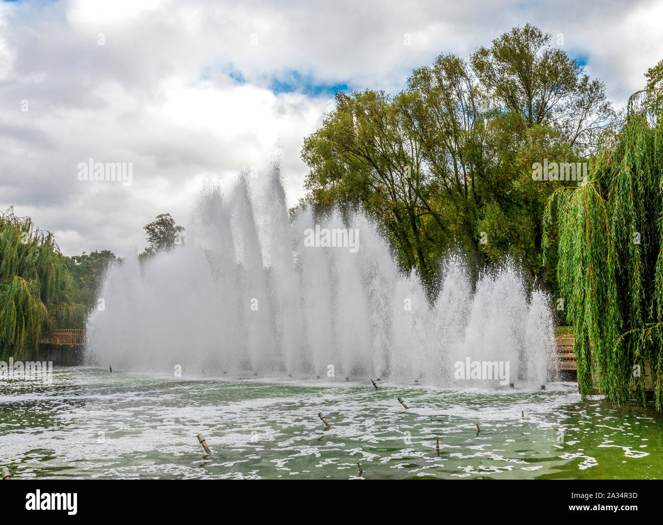 Jets of the central fountain in Battersea park, London, United Kingdom Stock Photo