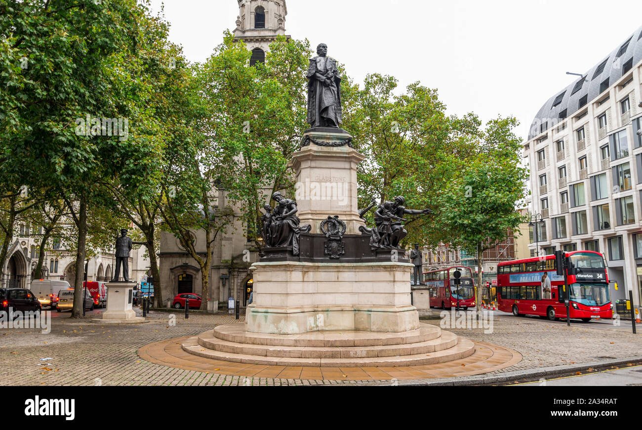 A street view of Gladstone statues and St Clement anglican church on