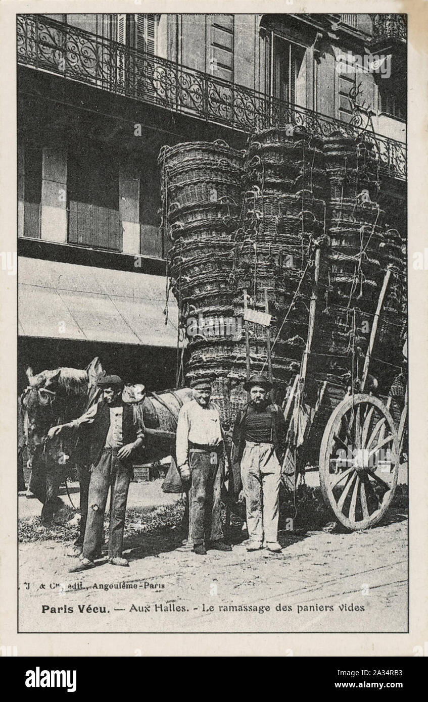 Vintage French postcard showing basket collectors in Les Halles the central  market of Paris circa 19th century. The market was established in 1183 and lasted until 1971 Stock Photo