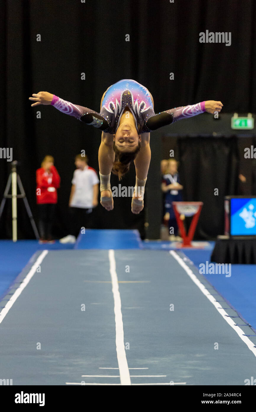Birmingham, England, UK. 28 September 2019. Amy Campbell (Revolution Gymnastics Club) in action during the Trampoline, Tumbling and DMT British Championship Qualifiers at the Arena Birmingham, Birmingham, UK. Stock Photo