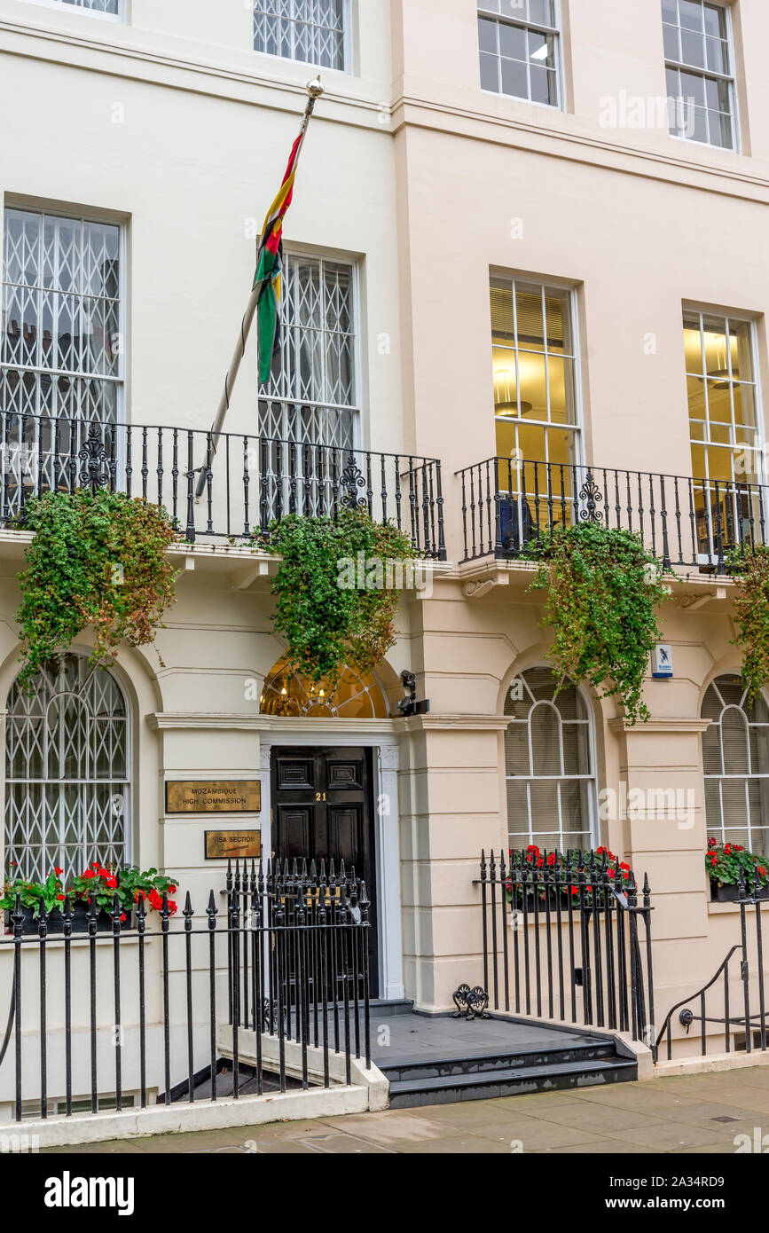 Entrance to Mozambique High Commission on Fitzroy square in central London, United Kingdom Stock Photo