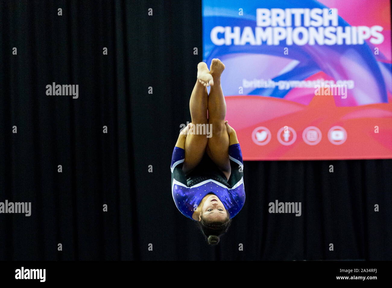 Birmingham, England, UK. 28 September 2019. Saskia Servini (Andover Gymnastics Club) in action during the Trampoline, Tumbling and DMT British Championship Qualifiers at the Arena Birmingham, Birmingham, UK. Stock Photo