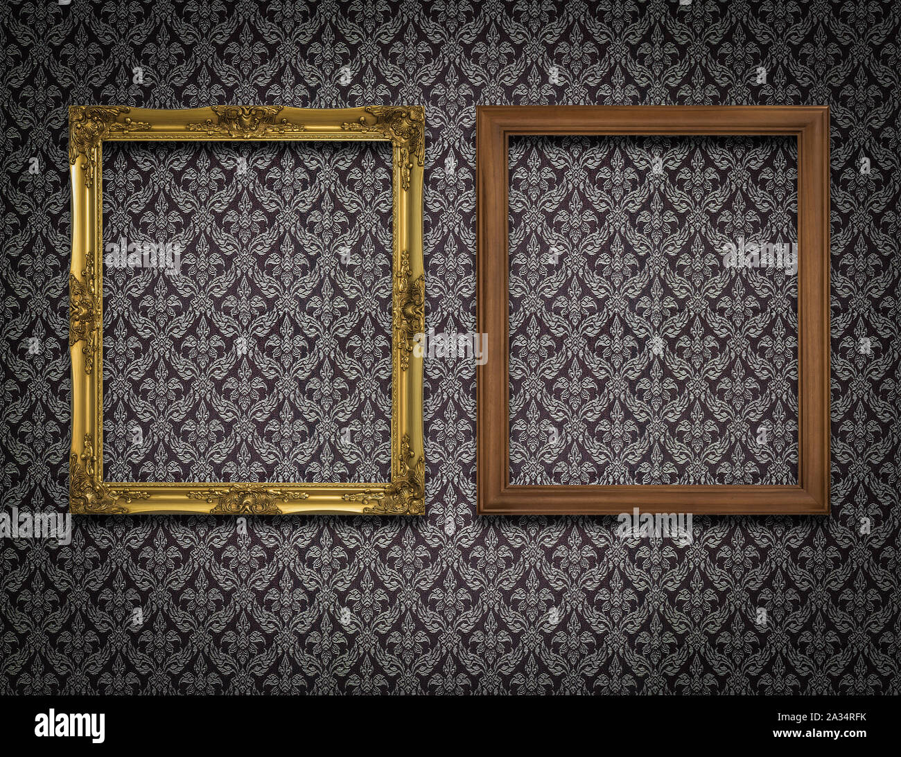 gold and wooden picture frame on the retro wall Stock Photo - Alamy