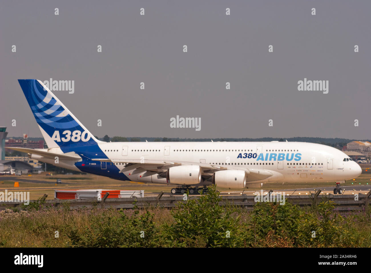 An Airbus Industrie Airbus A380-841 aircraft taxing at the Farnborough International Airshow. Stock Photo