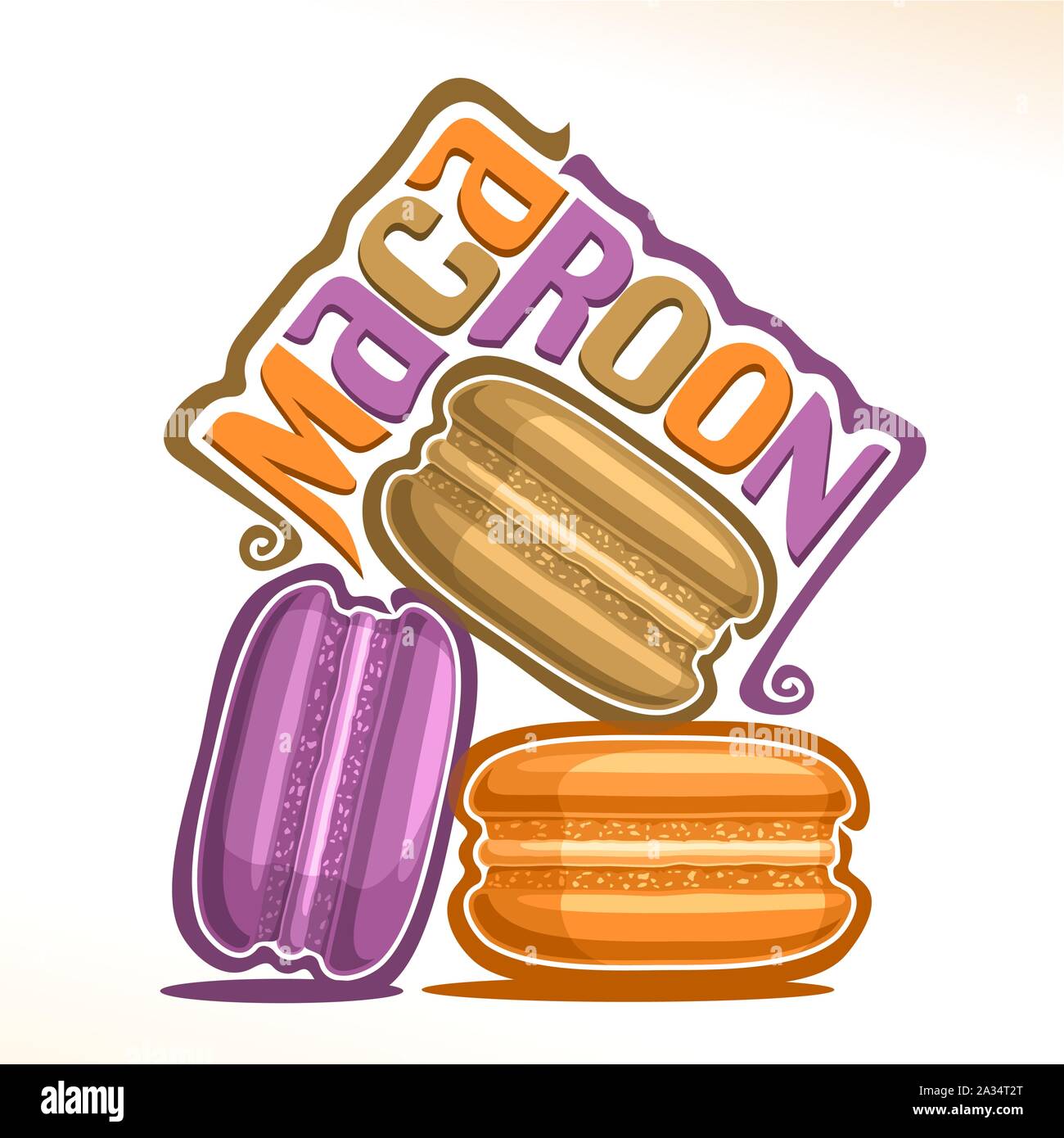 Vector logo for Macaroon, illustration of pile colorful macarons for cafe menu, original font for word macaroon, poster with heap of fresh purple, cho Stock Vector