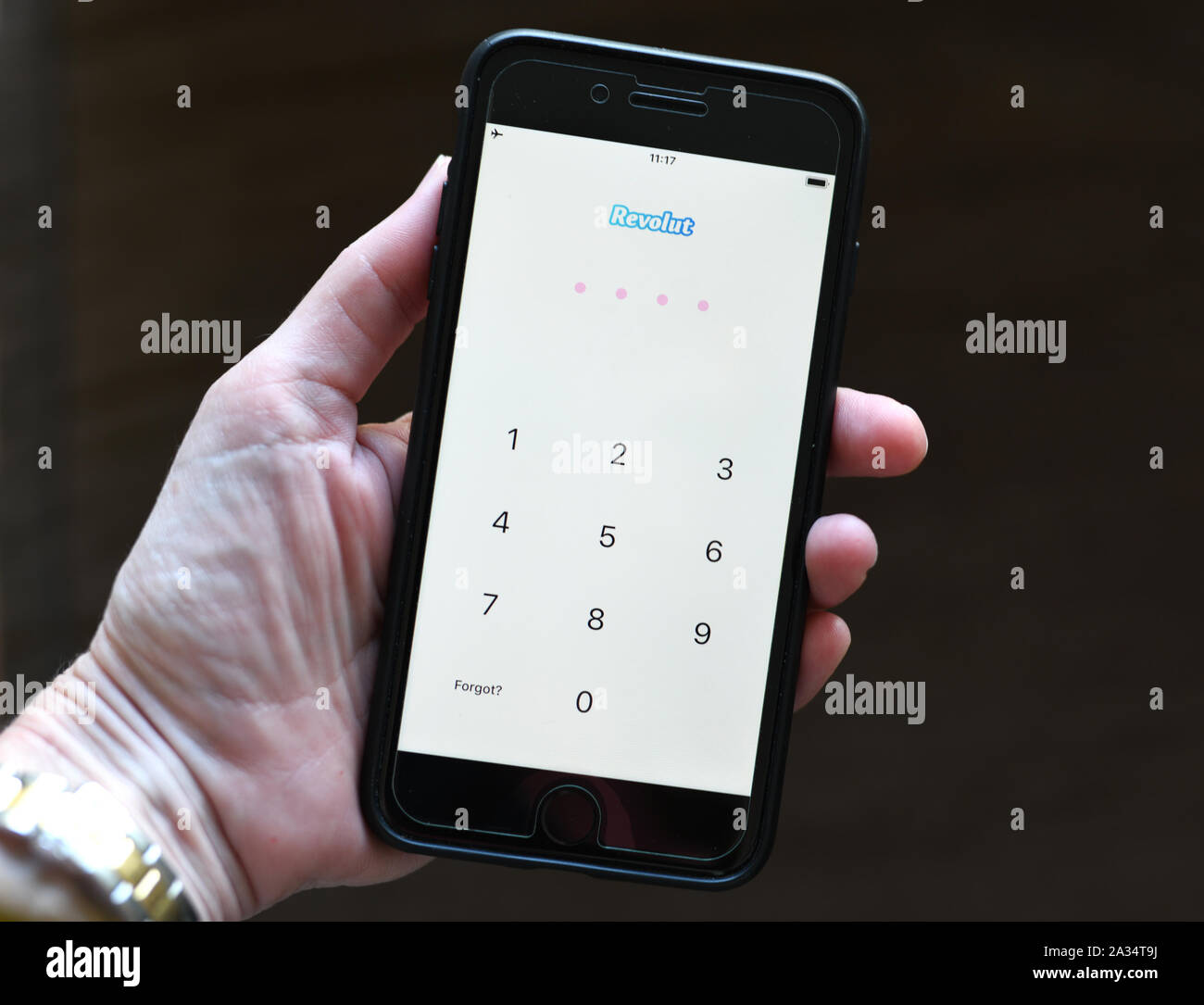 Gibraltar 04 October 2019: An iphone with the screen showing the log in page of the Revolut Banking App Stock Photo