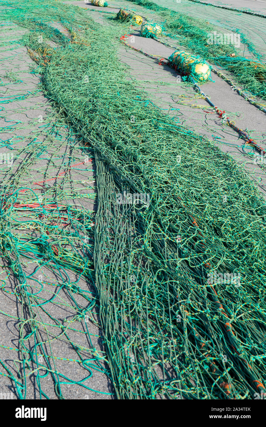 commercial fishing nets spread out on pier for repairs Stock Photo