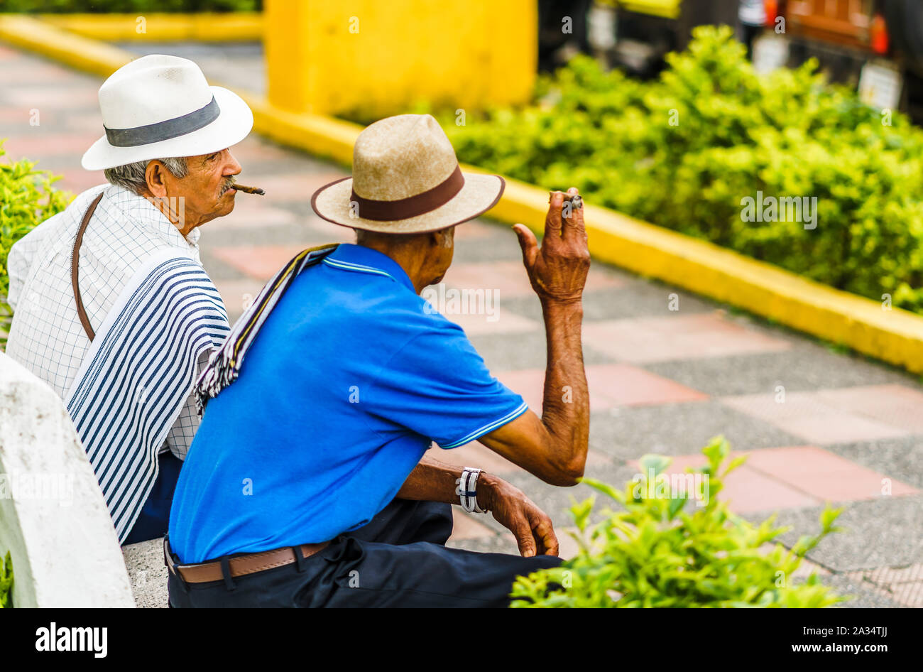 Salento, COLOMBIA, MARCH 23 2019: View on senior traditional colombian men park in Medellin, Colombia 2019 Stock Photo