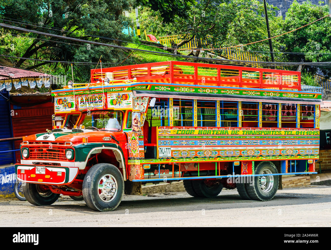 Andes, COLOMBIA - 27th March 2019. Colorful traditional rural bus in Colombia called chiva Stock Photo